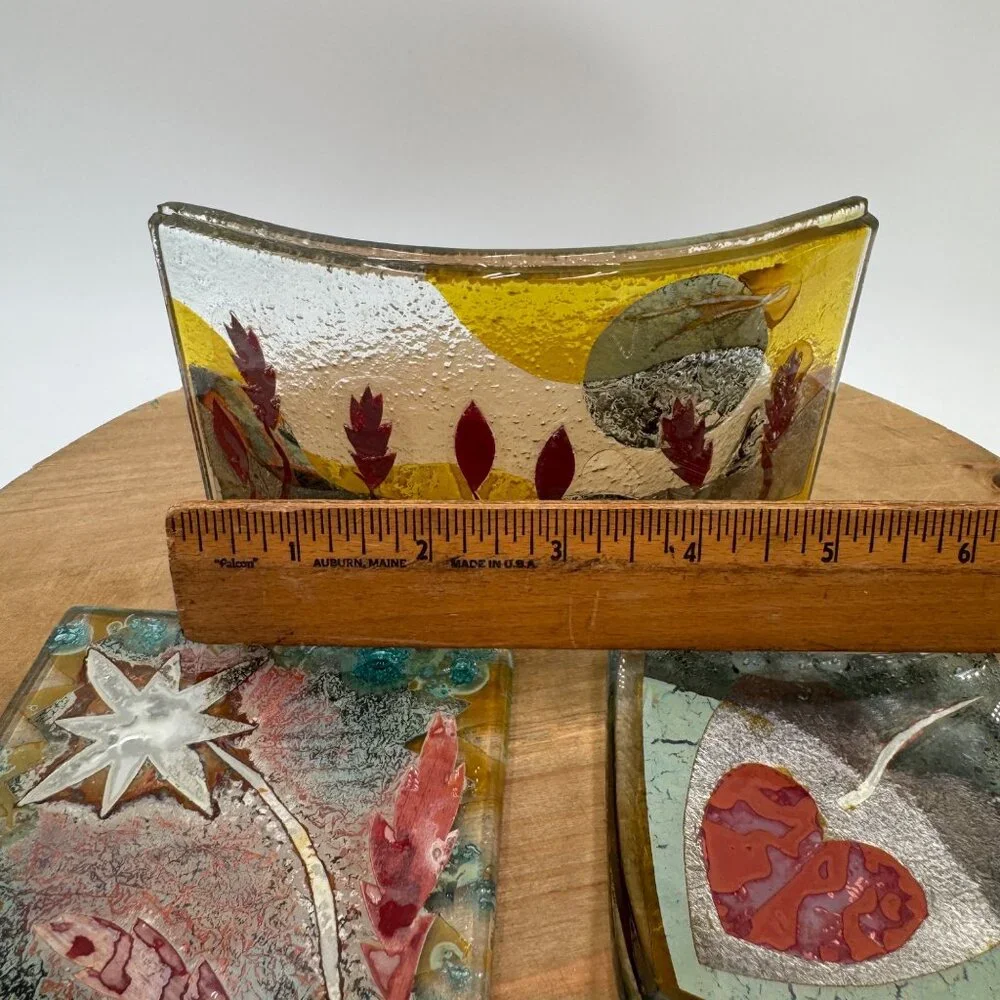 Fused Glass Trinket Dish Studio art glass 3 piece set multi color